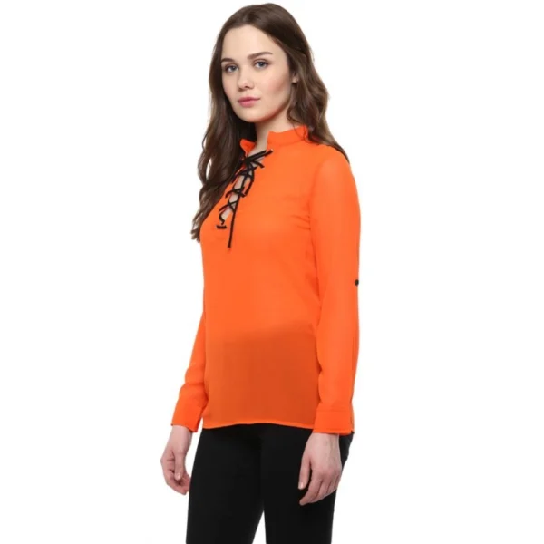 Women's Polyester Solid Long Sleeves Regular Top (Orange) - Image 3