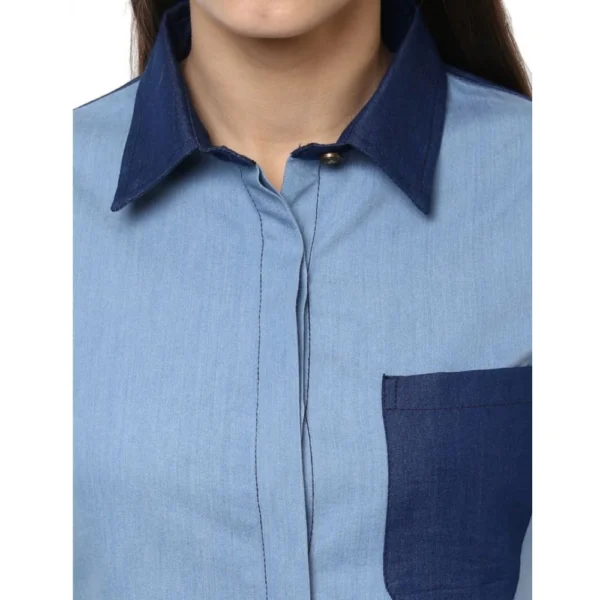 Women's Denim Patch Work Long Sleeves Regular Top (Blue) - Image 2