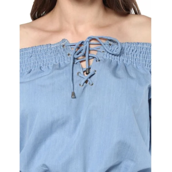 Women's Denim Solid 3-4th Sleeves Regular Top (Blue) - Image 2