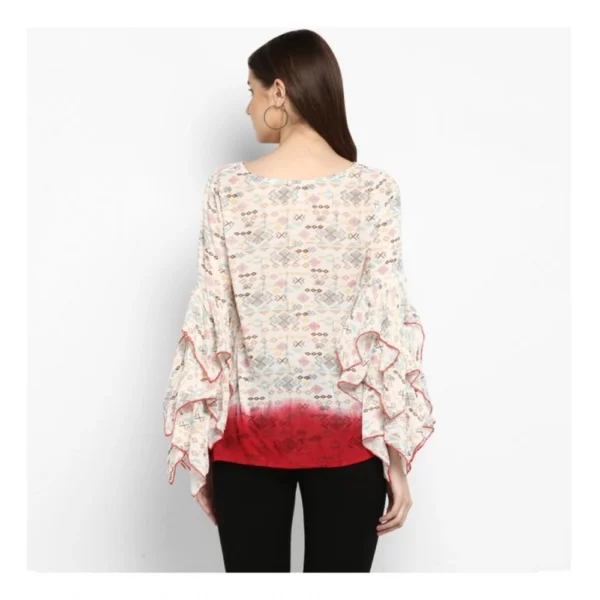 Women's Rayon Crepe Printed Ruffle Sleeve Top (Off White - Red) - Image 7