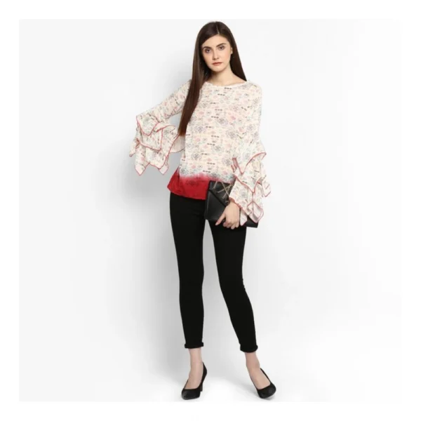 Women's Rayon Crepe Printed Ruffle Sleeve Top (Off White - Red) - Image 6