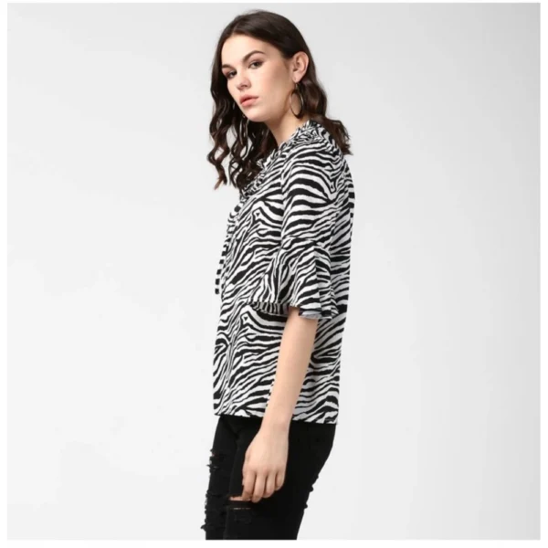 Women's Polyester Animal Print Bell Sleeve Top (Black - White) - Image 3