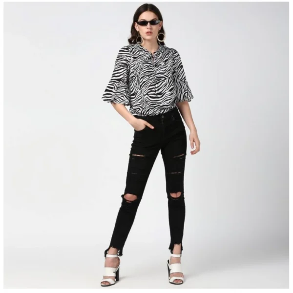 Women's Polyester Animal Print Bell Sleeve Top (Black - White) - Image 6