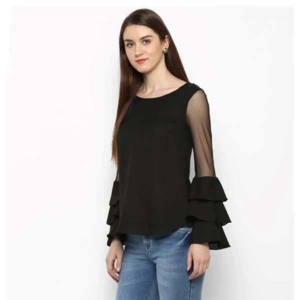 Women's Polyester Solid Tier Sleeve Top (Black) - Image 3