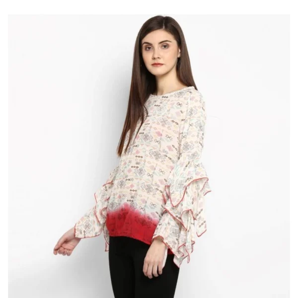 Women's Rayon Crepe Printed Ruffle Sleeve Top (Off White - Red) - Image 3