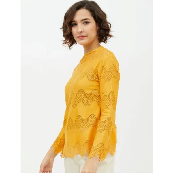 Women's Cotton Lace Inserts Long Sleeves Top (Yellow) - Image 3