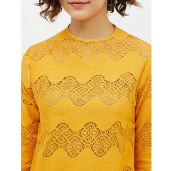 Women's Cotton Lace Inserts Long Sleeves Top (Yellow) - Image 2