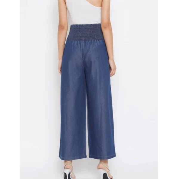 Women's Denim Solid Smocked Trousers (Navy Blue) - Image 4