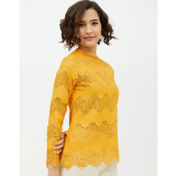 Women's Cotton Lace Inserts Long Sleeves Top (Yellow) - Image 4