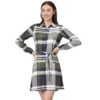 Women's Cotton Checkered Long Sleeves Above Knee Dress (Olive - White)