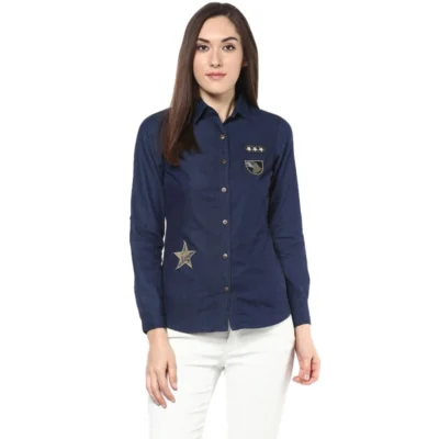 Women's Denim Patch Work Long Sleeves Standard Length Shirt (Blue)