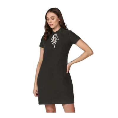 Women's Denim Solid Short Sleeve Above Knee Dress (Black)