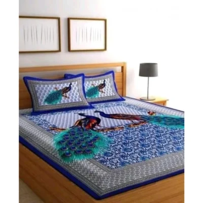 Cotton Printed Queen Size Bedsheet With 2 Pillow Covers (Blue, 90x100 Inch)