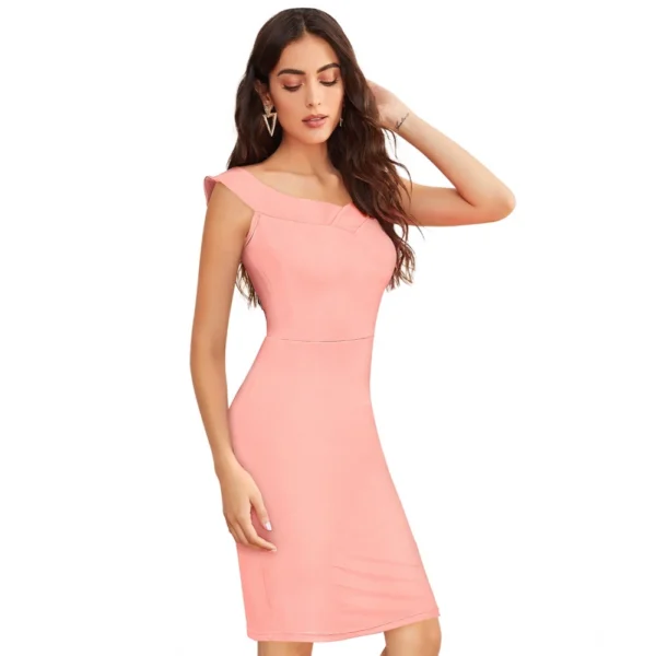 Women's Knitting stretchable Solid Round Neck Sleeveless Dress (Peach) - Image 4