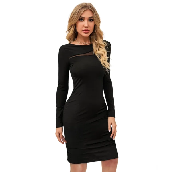 Women's Knitting stretchable Solid Round Neck Full Sleeve Dress (Black) - Image 4