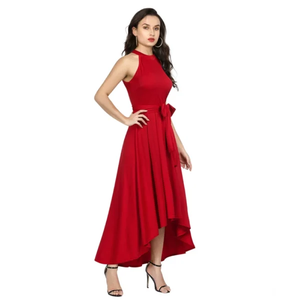 Women's Polyster Solid Halter Neck Sleeveless Dress (Red) - Image 5