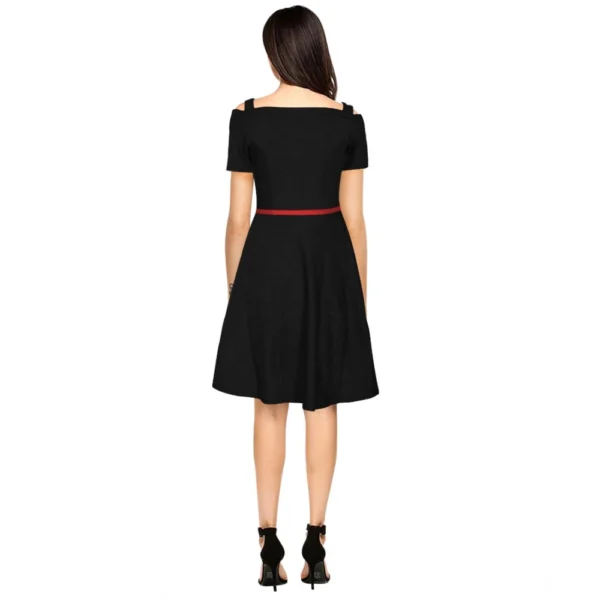 Women's Polyester Solid V Neck Cap Sleeve Dress (Black) - Image 5
