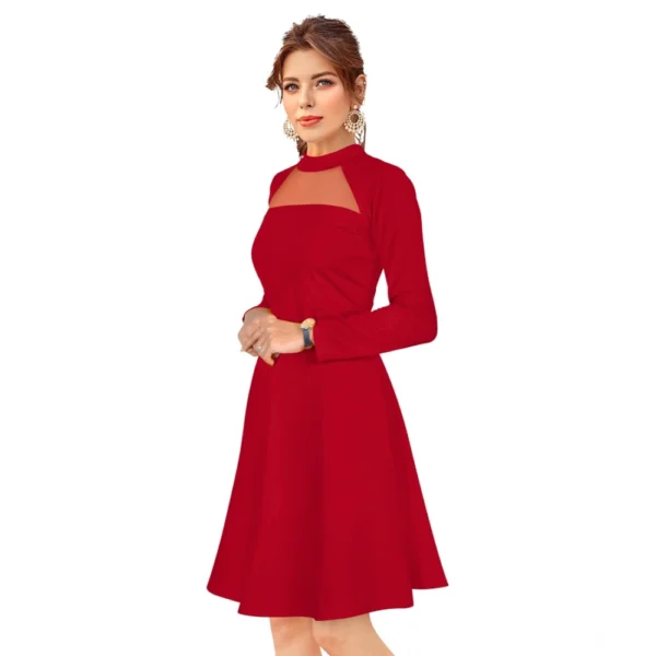 Women's Knitting stretchable Solid Round Neck Full Sleeve Dress (Red) - Image 2