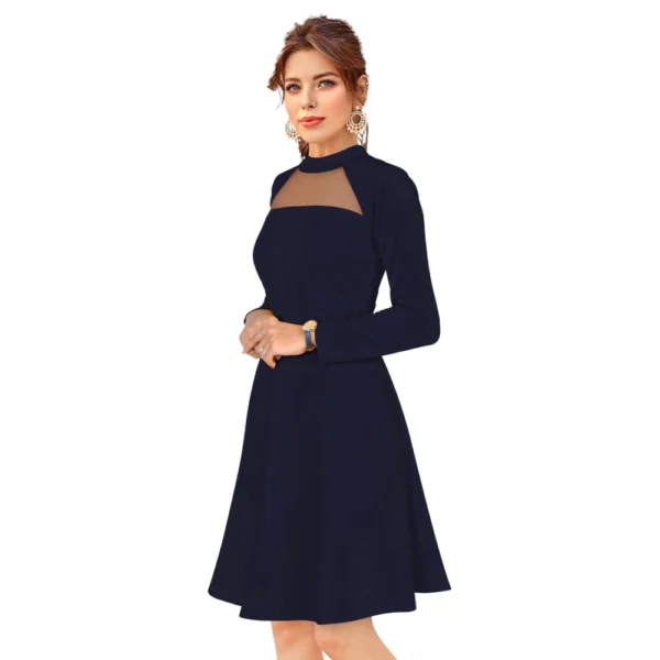Women's Knitting stretchable Solid Round Neck Full Sleeve Dress (Blue) - Image 2