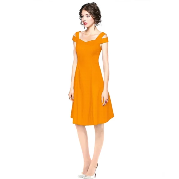 Women's Polyester Solid V Neck Cap Sleeve off Shoulder Dress (Yellow) - Image 2