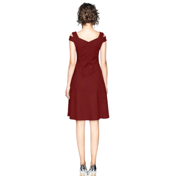 Women's Polyester Solid V Neck Cap Sleeve off Shoulder Dress (Maroon) - Image 5