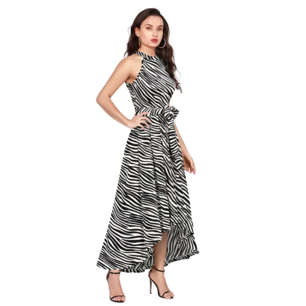 Women's Polyester Zebra Pattern Halter Neck Sleeveless Dress (White) - Image 5