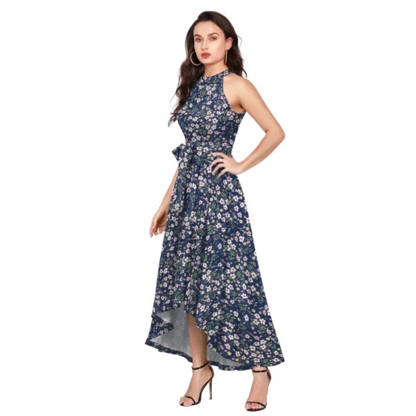 Women's Polyester Printed Halter Neck Sleeveless Dress (Blue) - Image 2