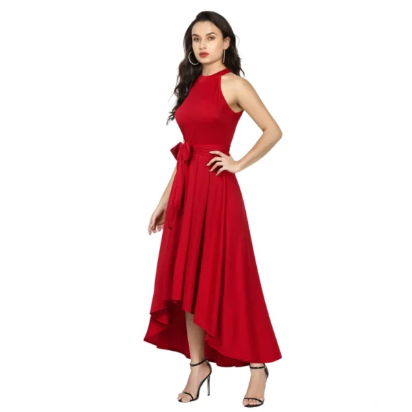 Women's Polyster Solid Halter Neck Sleeveless Dress (Red) - Image 4