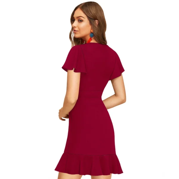 Women's Knitting stretchable Solid V Neck Flaired Sleeve Dress (Maroon ) - Image 5
