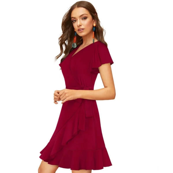 Women's Knitting stretchable Solid V Neck Flaired Sleeve Dress (Maroon ) - Image 2