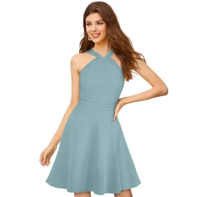 Women's Knitting stretchable Solid Halter Neck Sleeveless Dress (Pista )