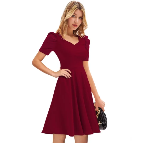Women's Knitting stretchable Solid V Neck Cap Sleeve Dress (Maroon) - Image 4