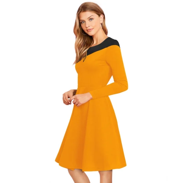 Women's Knitting stretchable Solid Round Neck Full Sleeve Dress (Yellow) - Image 2