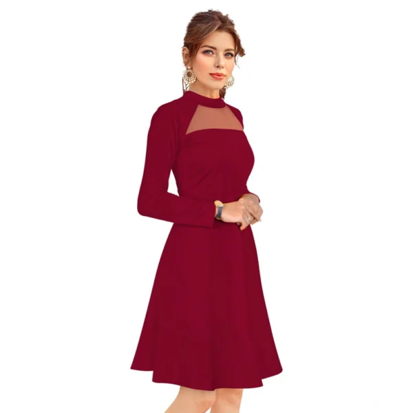 Women's Knitting stretchable Solid Round Neck Full Sleeve Dress (Maroon) - Image 4