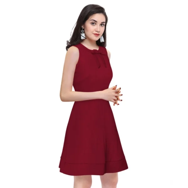 Women's Polyester Solid Round Neck Sleeveless Dress (Maroon) - Image 4
