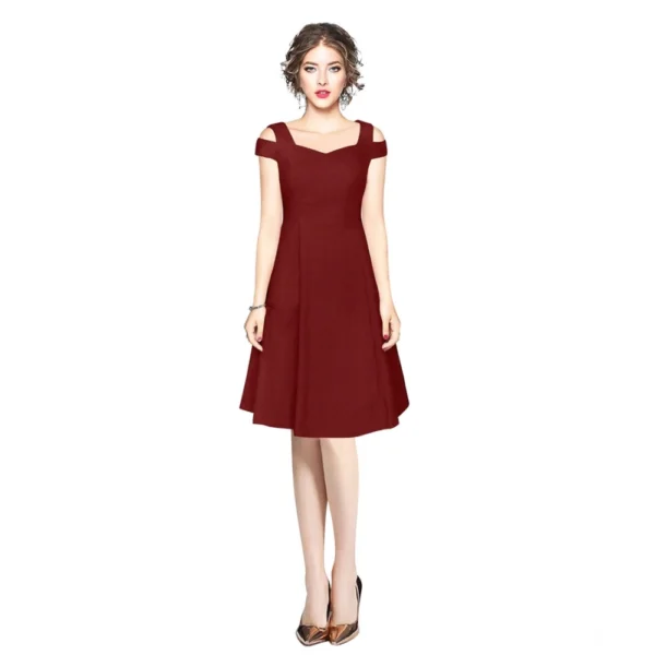 Women's Polyester Solid V Neck Cap Sleeve off Shoulder Dress (Maroon)