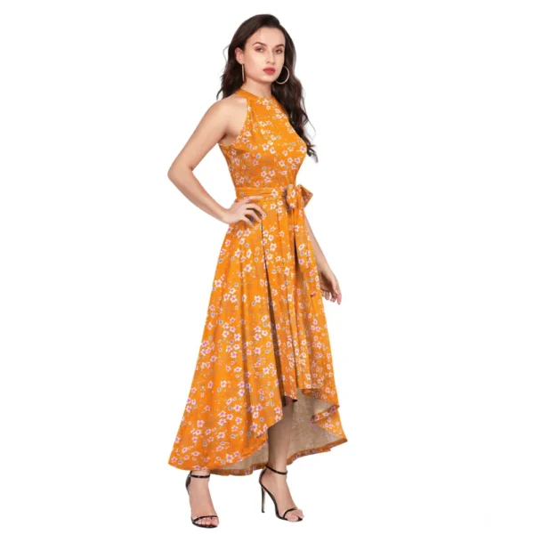 Women's Polyester Printed Halter Neck Sleeveless Dress (Yellow) - Image 4