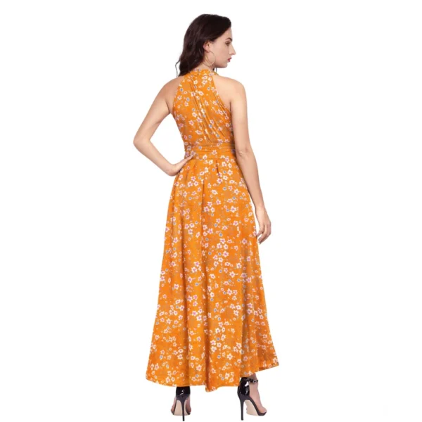 Women's Polyester Printed Halter Neck Sleeveless Dress (Yellow) - Image 5