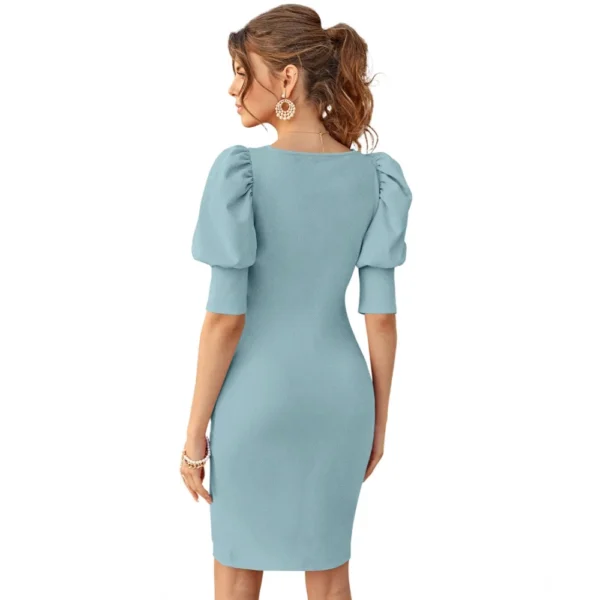 Women's Knitting stretchable Solid Square Neck 3-4 Puff Sleeve Dress (Pista) - Image 5