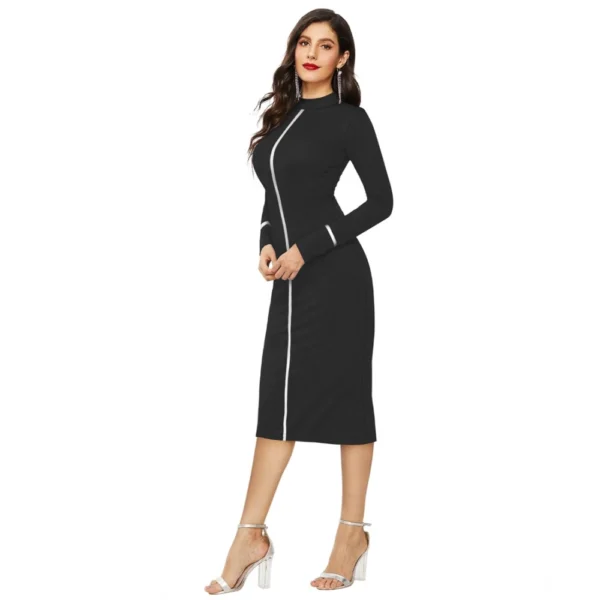 Women's Knitting stretchable Solid Round Neck Full Sleeve Dress (Black) - Image 2