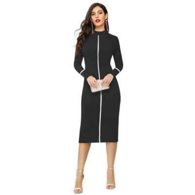 Women's Knitting stretchable Solid Round Neck Full Sleeve Dress (Black)