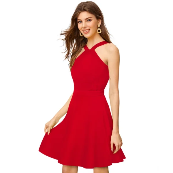 Women's Knitting stretchable Solid Halter Neck Sleeveless Dress (Red ) - Image 4