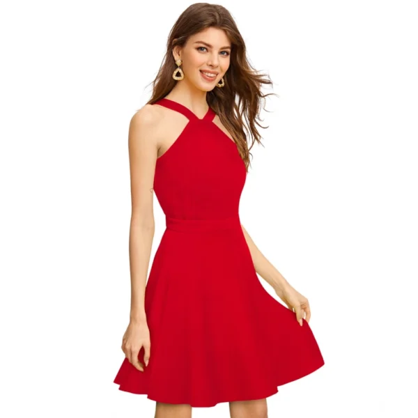 Women's Knitting stretchable Solid Halter Neck Sleeveless Dress (Red ) - Image 2