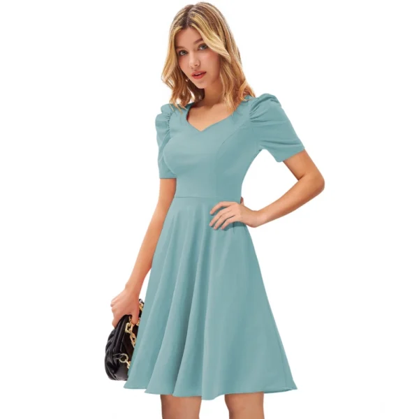 Women's Knitting stretchable Solid V Neck Cap Sleeve Dress (Pista) - Image 2