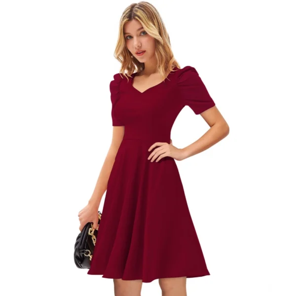 Women's Knitting stretchable Solid V Neck Cap Sleeve Dress (Maroon) - Image 2