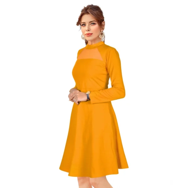Women's Knitting stretchable Solid Round Neck Full Sleeve Dress (Yellow) - Image 2