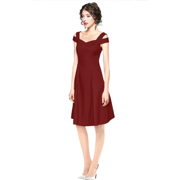 Women's Polyester Solid V Neck Cap Sleeve off Shoulder Dress (Maroon) - Image 2