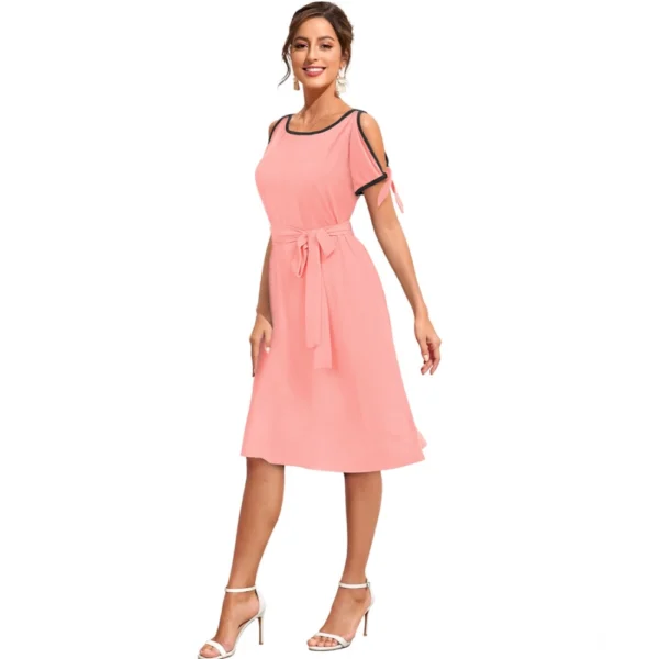 Women's Knitting stretchable Solid Round Neck Sleeveless Dress (Peach) - Image 2