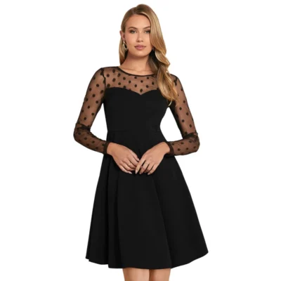 Women's Knitting stretchable Solid Round Neck Full Sleeve Dress (Black)