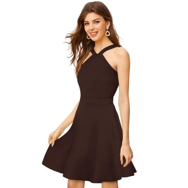Women's Knitting stretchable Solid Halter Neck Sleeveless Dress (Coffee) - Image 4